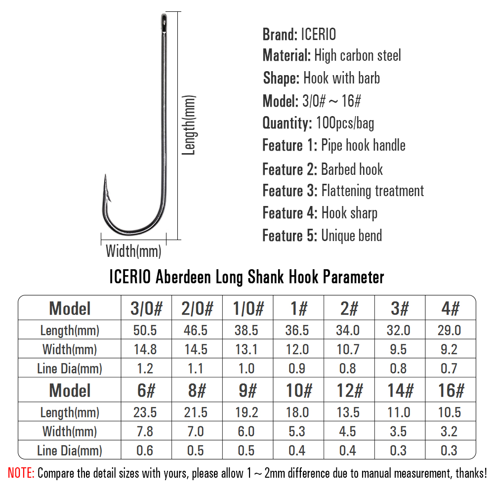 ICERIO 100PCS 16# - 3/0 Long S - Fishing Hook Barbless reseña y precio